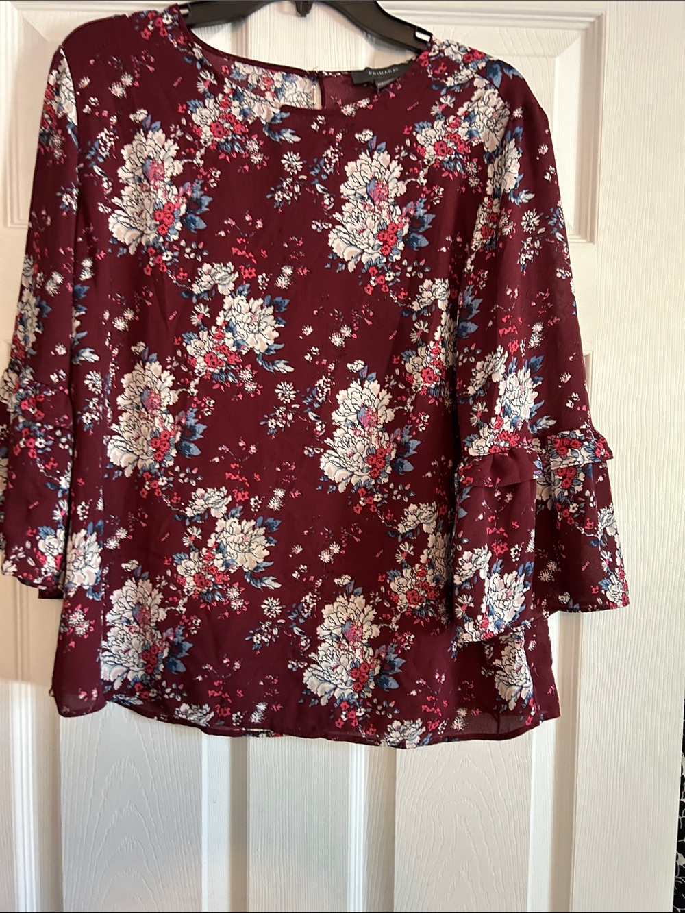 Primark Burgundy Floral Ruffle Sleeve Top
